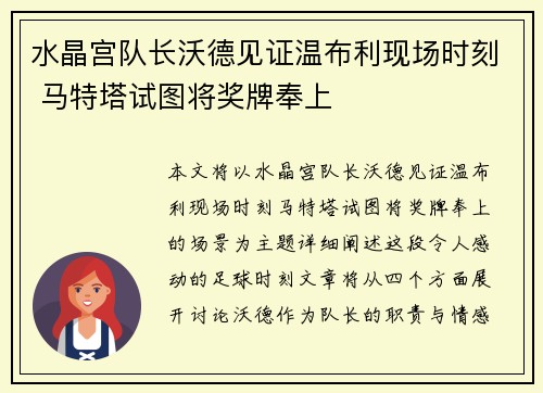 水晶宫队长沃德见证温布利现场时刻 马特塔试图将奖牌奉上
